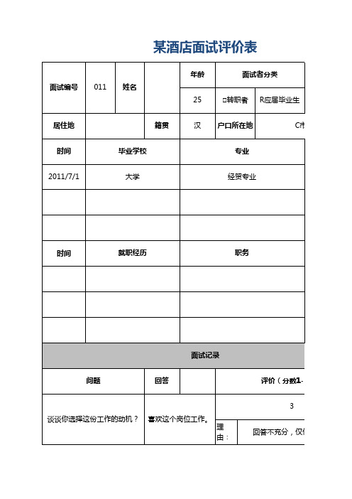 某酒店面试评价表