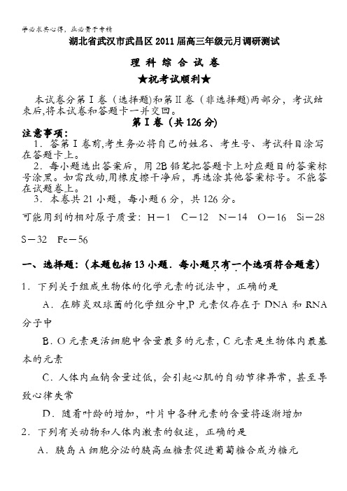 湖北省武汉市武昌区2011届高三1月调研测试理科综合试题