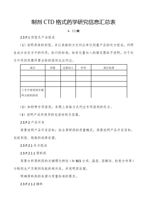 制剂C T D格式药学研究信息汇总表(4、5.2)