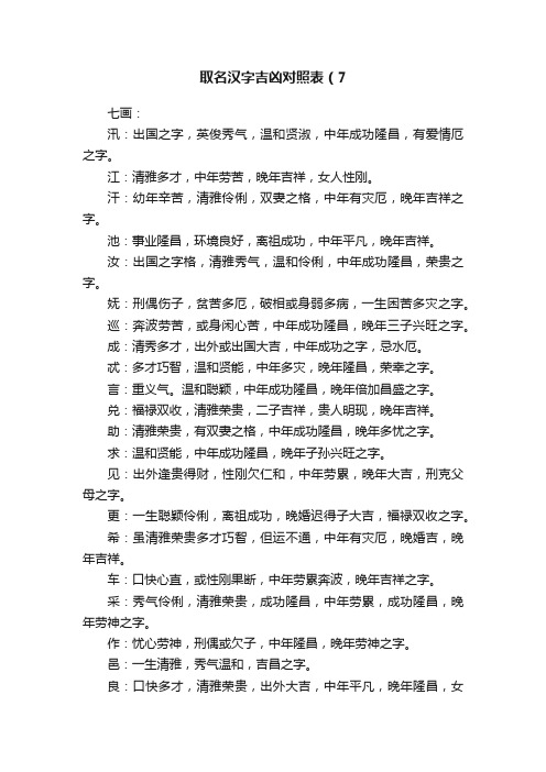 取名汉字吉凶对照表（7