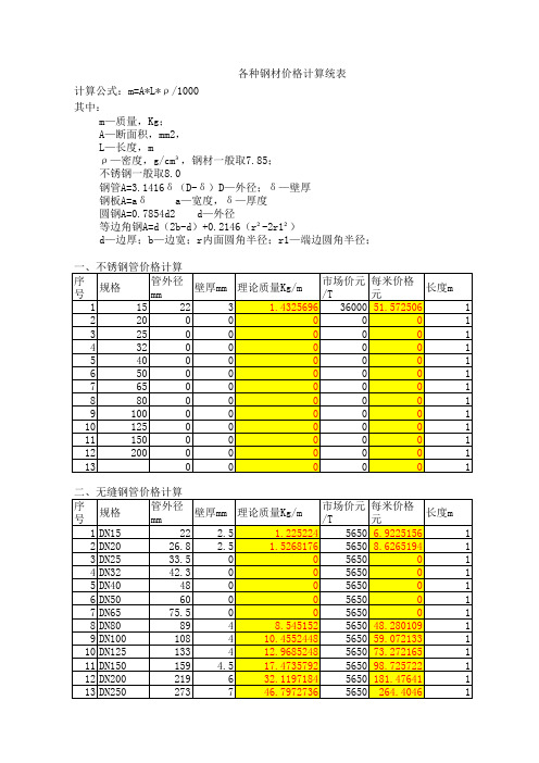 各种钢材价格计算统表