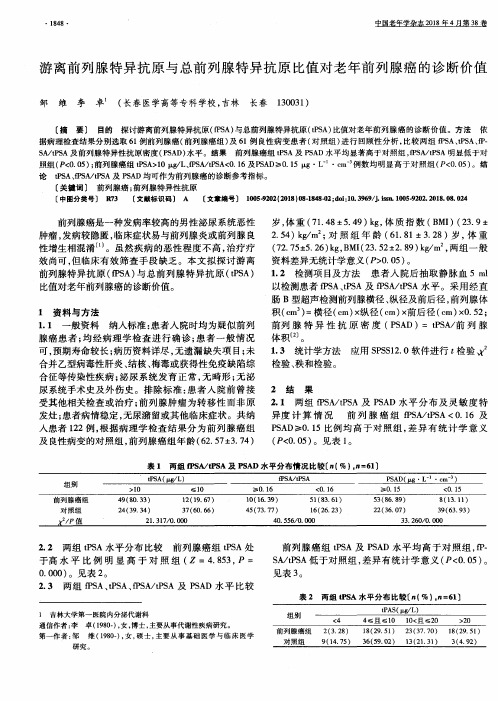 游离前列腺特异抗原与总前列腺特异抗原比值对老年前列腺癌的诊断价值