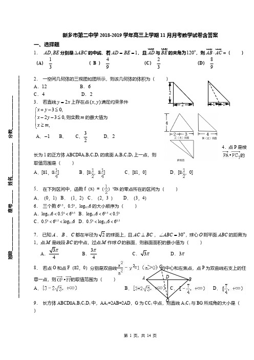 新乡市第二中学2018-2019学年高三上学期11月月考数学试卷含答案