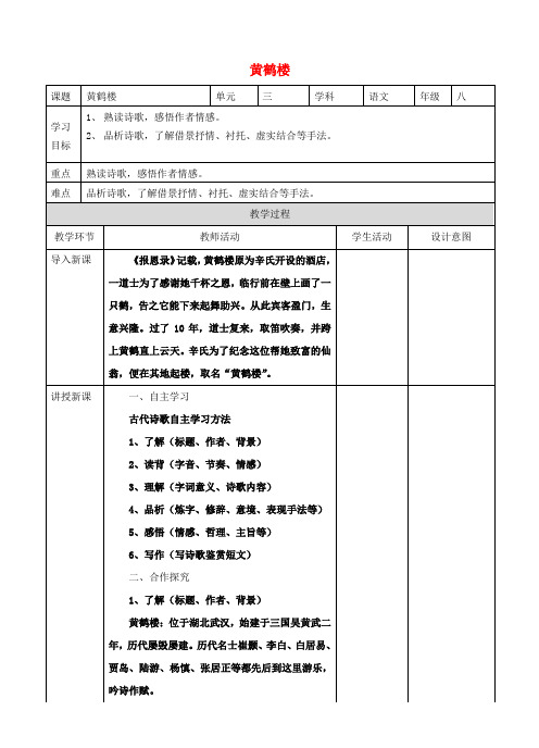 2017秋八年级语文上册 第三单元 12《唐诗五首》黄鹤楼教学设计 新人教版