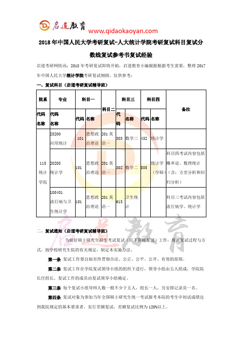 2018年中国人民大学考研复试-人大统计学院考研复试科目复试分数线复试参考书复试经验