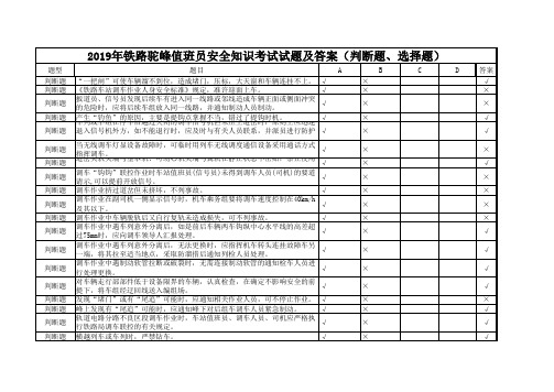 2019年铁路驼峰值班员安全知识考试试题及答案(判断题、选择题)