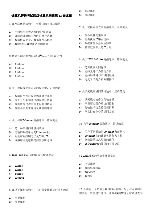 2015年3月全国计算机四级网络工程师第12套试题(附答案)