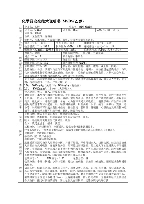 化学品安全技术说明书 MSDS(乙醇)