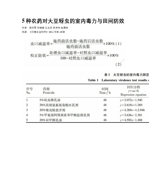 5种农药对大豆蚜虫的室内毒力与田间防效