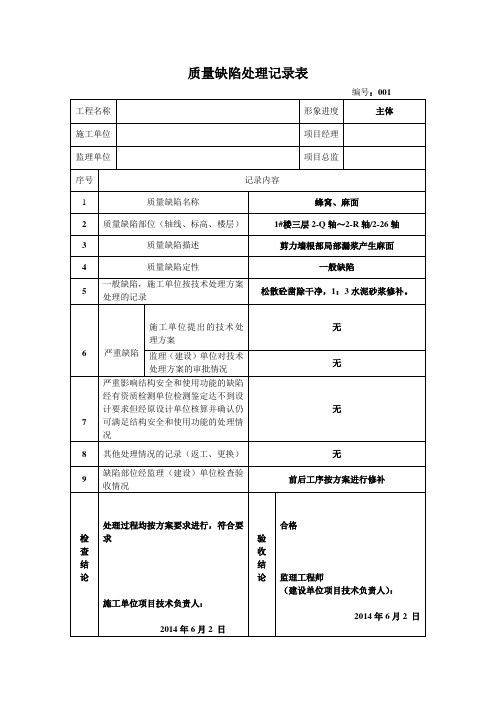 质量缺陷处理记录表