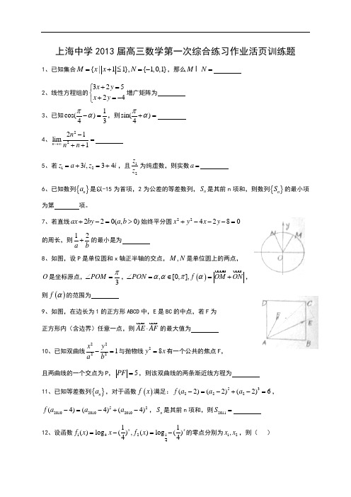 上海市上海中学2013届高三数学第一次综合练习作业活页