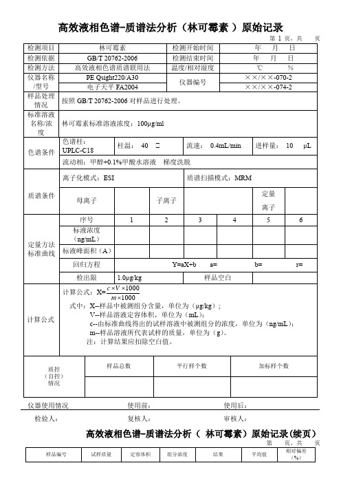 高效液相色谱-质谱法分析(林可霉素 )原始记录