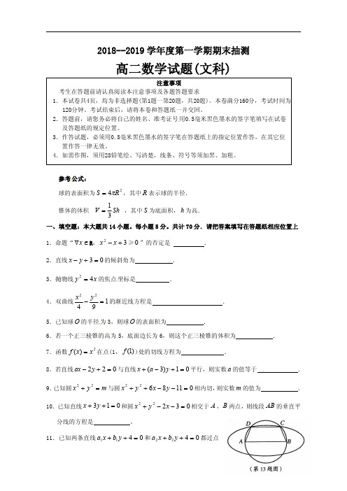 江苏省徐州市2018-2019学年高二上学期期末考试数学(文科)及答案