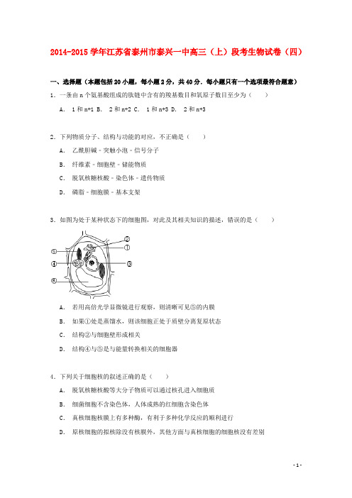 江苏省泰州市泰兴一中高三生物上学期段考试卷(四)(含解析)