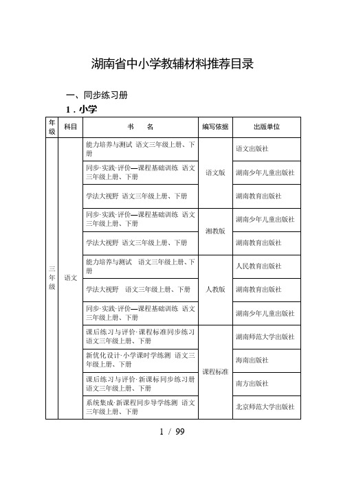 湖南省中小学教辅材料推荐目录