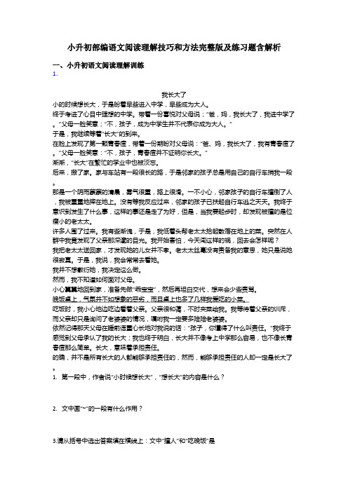 小升初小升初部编语文阅读理解技巧和方法完整版及练习题含解析