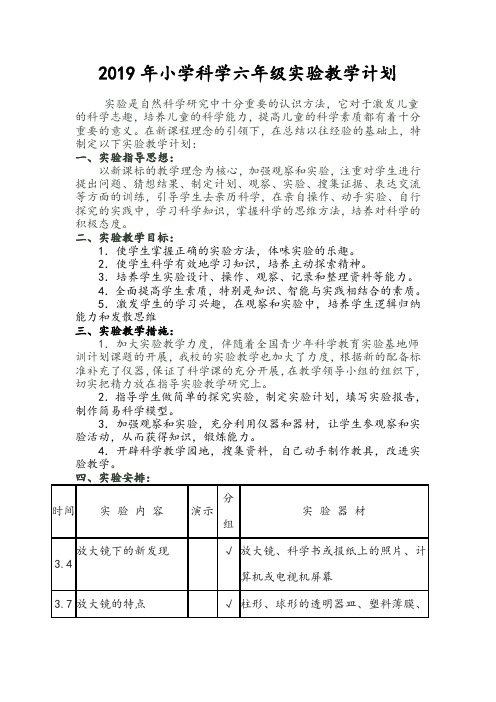 2019年度小学教科版小学科学六年级下册实验教学计划