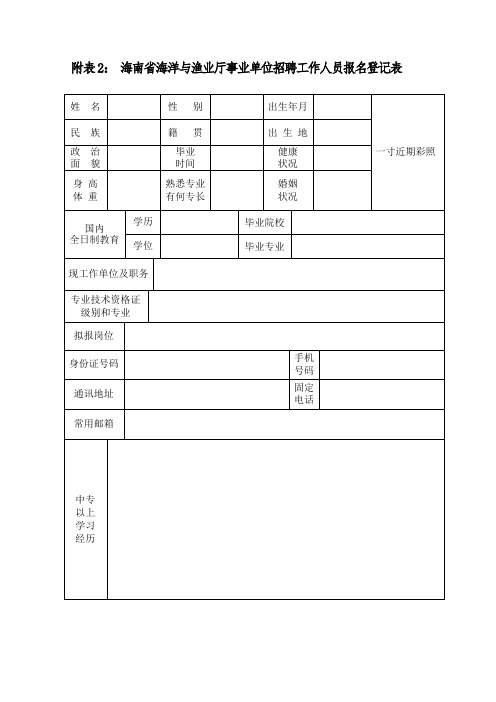 附表2 海南省海洋与渔业厅事业单位招聘工作人员报名登记表