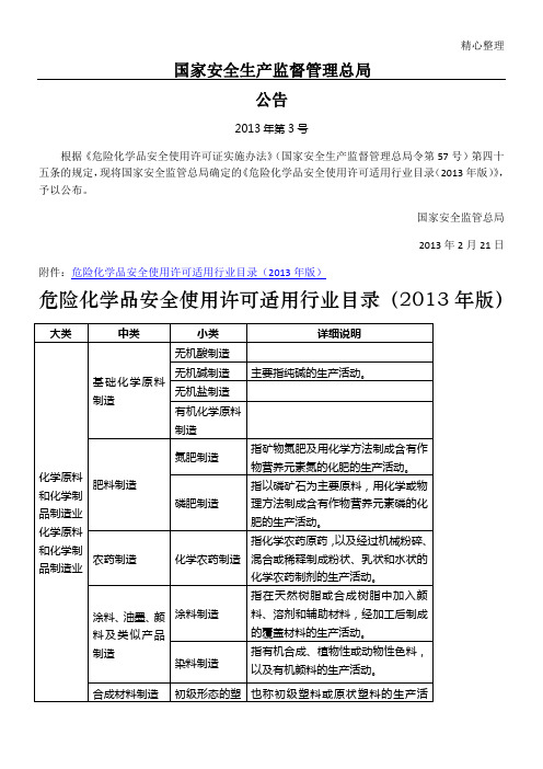 危险化学品安全使用许可适用行业目录版