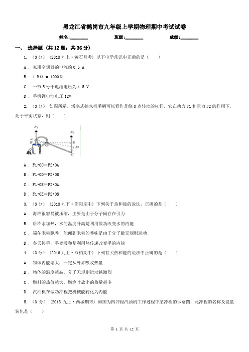 黑龙江省鹤岗市九年级上学期物理期中考试试卷