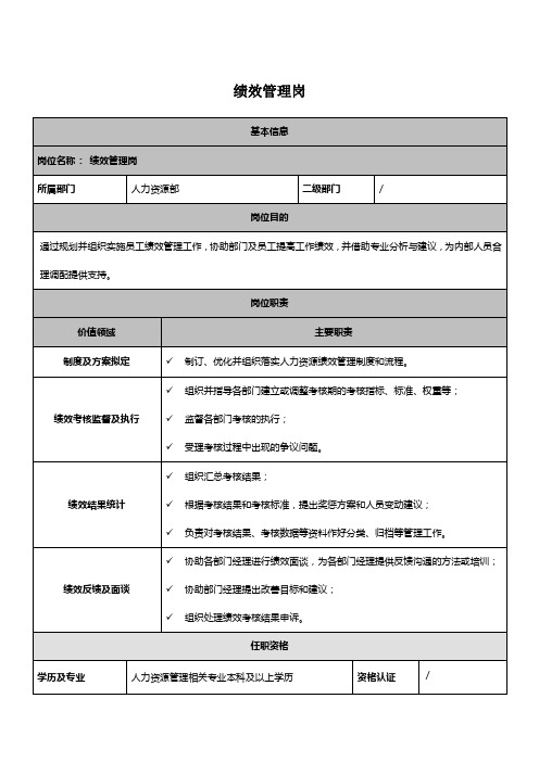 人力资源部绩效管理岗岗位说明书