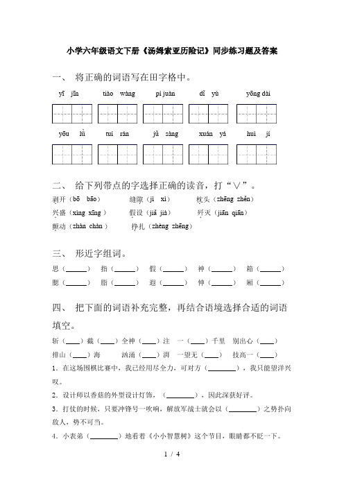 小学六年级语文下册《汤姆索亚历险记》同步练习题及答案