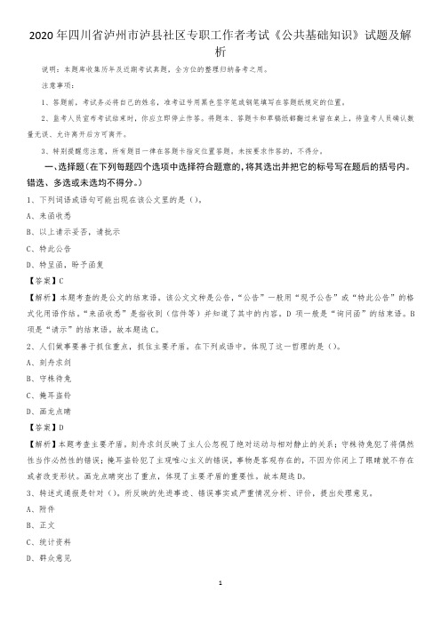 2020年四川省泸州市泸县社区专职工作者考试《公共基础知识》试题及解析