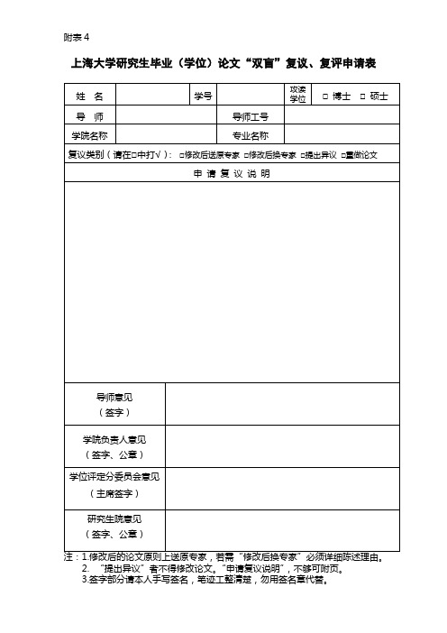 上海大学研究生毕业(学位)论文双盲复议、复评申请表【模板】