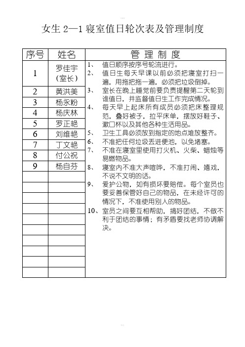 寝室管理制度和值日轮次