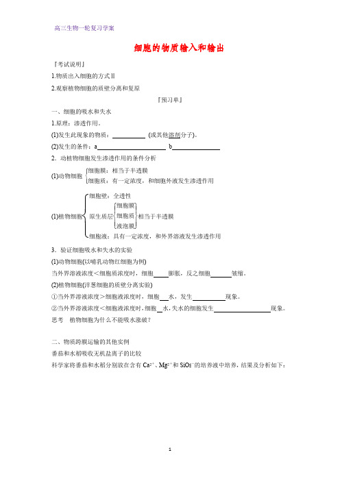 高三生物一轮复习精品学案10：细胞的物质输入和输出