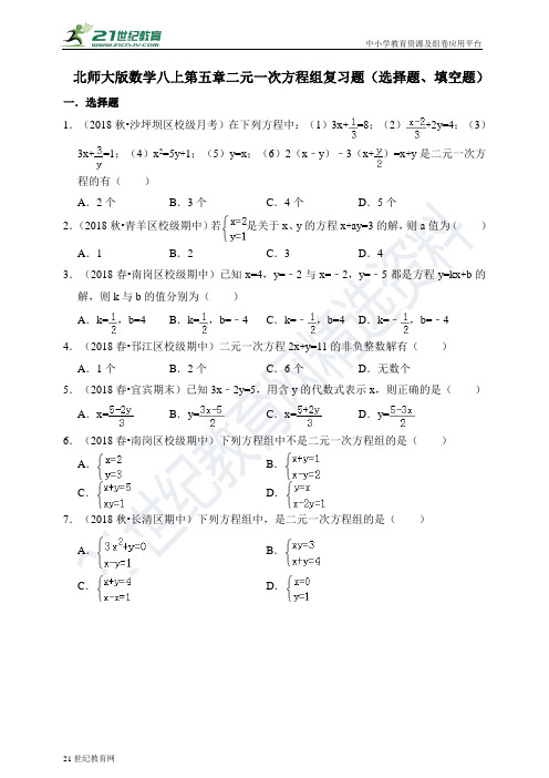 第五章 二元一次方程组复习题--选择题、填空题（含解析）