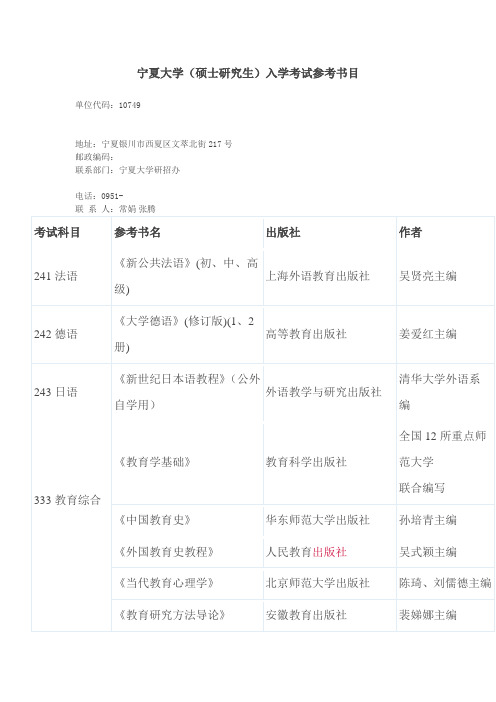 宁夏大学(硕士研究生)入学考试参考书目