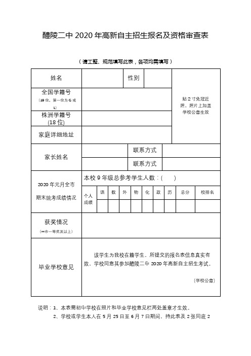 醴陵二中2020年高新自主招生报名及资格审查表(请工整、规范填写此表,各项均需填写)【模板】