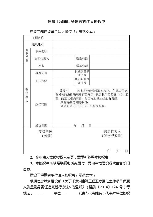 建筑工程项目参建五方法人授权书