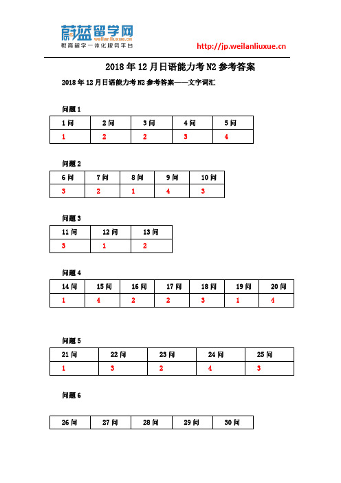 2018年12月日语能力考N2参考答案