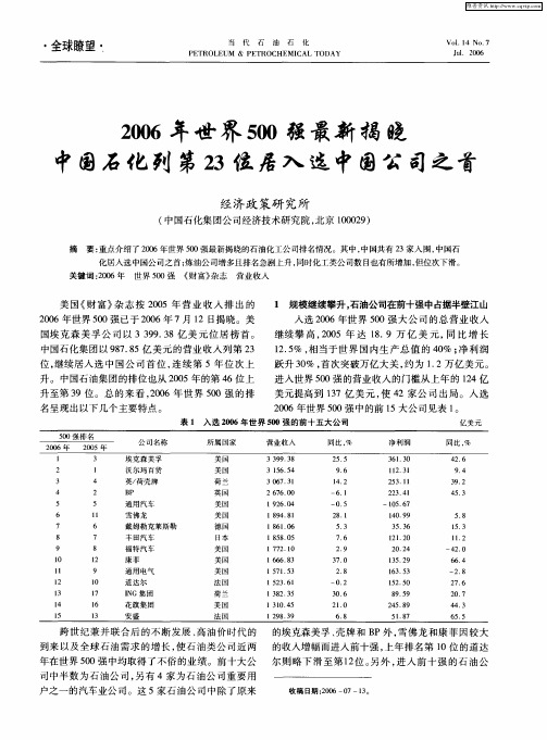 2006年世界500强最新揭晓 中国石化列第23位居入选中国公司之首