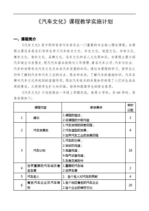 《汽车文化》实施性教学计划