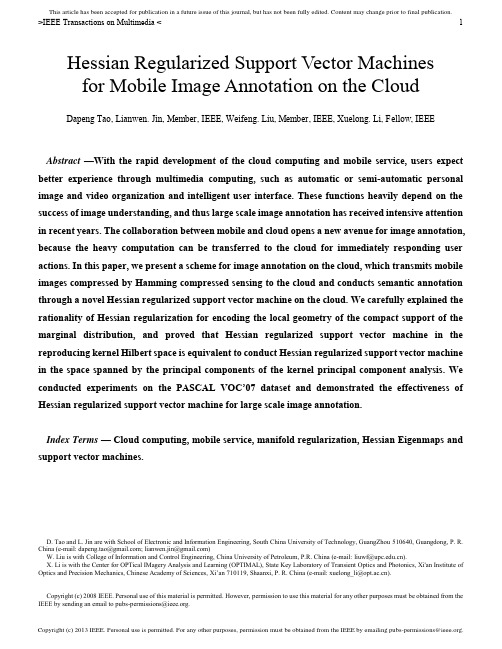 Hessian Regularized Support Vector Machines for Mobile Image Annotation on the Cloud