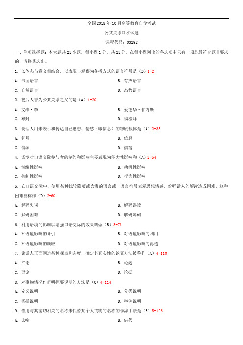 全国2018年10月自学考试03292公共关系口才试题答案