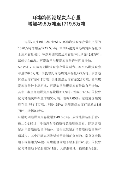 环渤海四港煤炭库存量增加49.5万吨至1719.5万吨