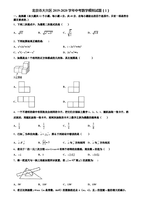 北京市大兴区2019-2020学年中考数学模拟试题(1)含解析