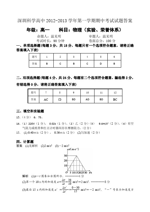 深圳科学高中2012-2013学年第一学期期中考试试题答案高一物理(实验、荣誉体系)AqHKll