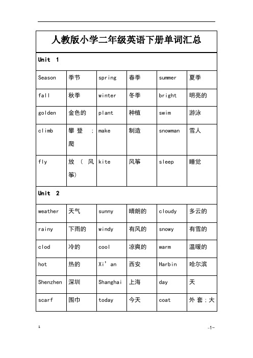 二年级下册英语单词(人教版)