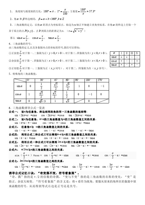 三角函数定义及诱导公式和变换公式