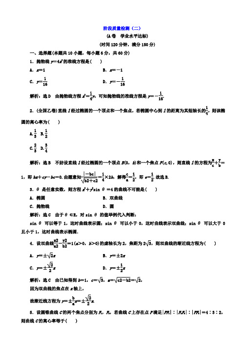 2019-2020学年高中数学人教版选修2-1阶段质量检测(二) Word版含答案