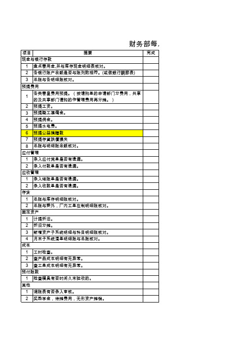 财务部每月结账检查表