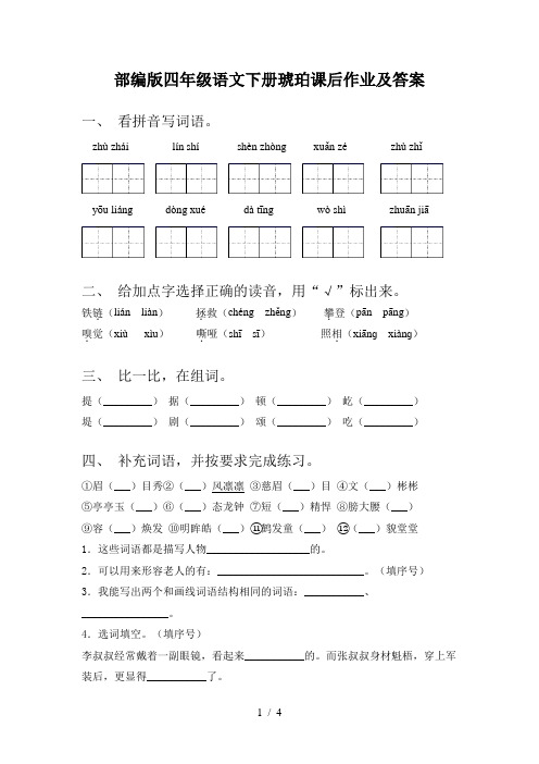 部编版四年级语文下册琥珀课后作业及答案