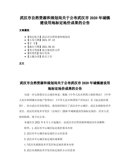 武汉市自然资源和规划局关于公布武汉市2020年城镇建设用地标定地价成果的公告