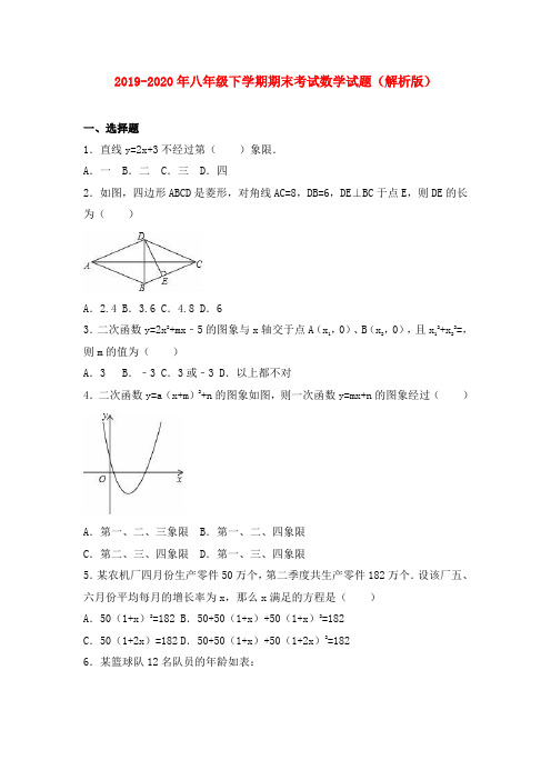 2019-2020年八年级下学期期末考试数学试题(解析版)