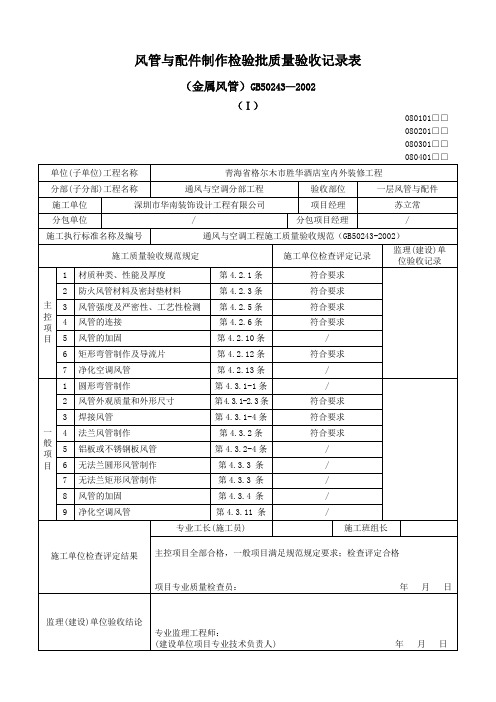 风管与配件制作检验批质量验收记录表(金属风管)(Ⅰ)